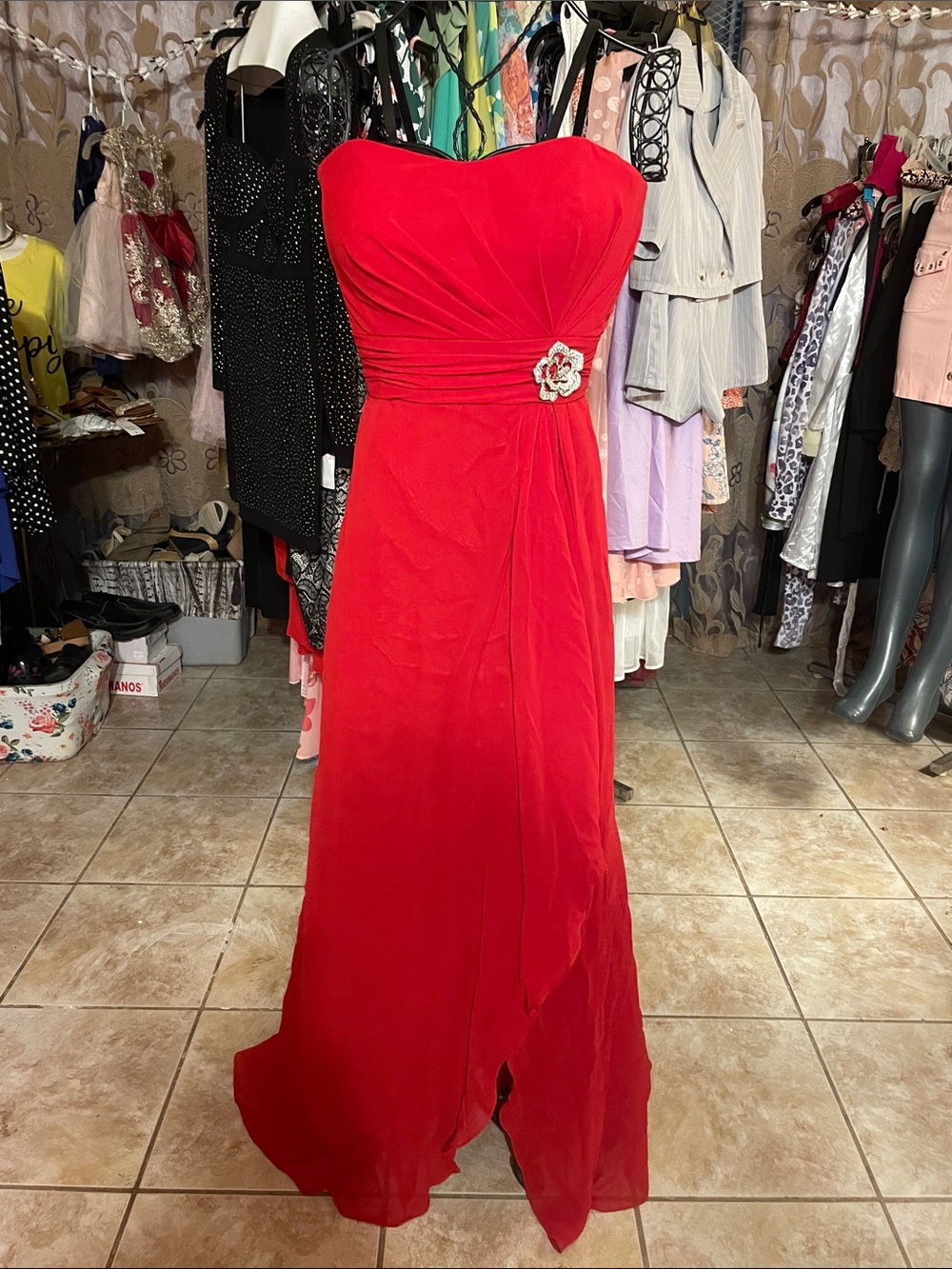 Pretty Maids Strapless Red Evening Gown with Floral Waist Accent
